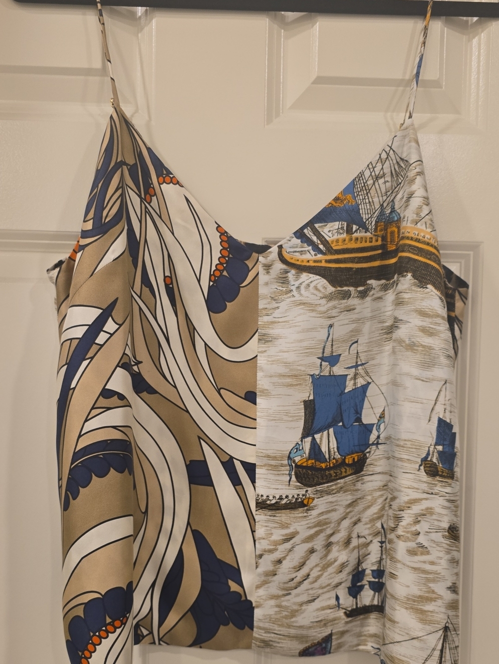 Printed Nautical Floral Leopard V-Neck Camisole in Blue and Tan